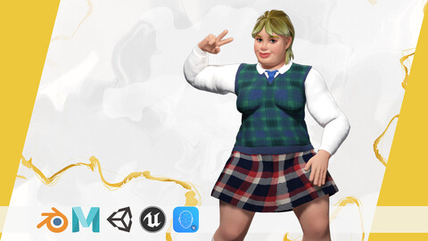 Plus-Size Cartoon Student Girl with Uniform 3D ModelLow-poly 3D model