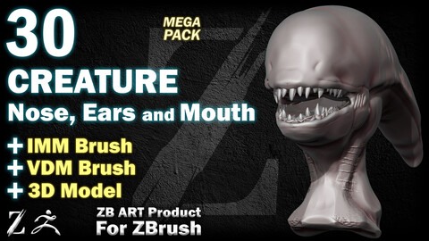 30 ZB ART Creature Nose, Ear and Mouth For ZBrush (IMM Brush + VDM Brush + 3D Model)