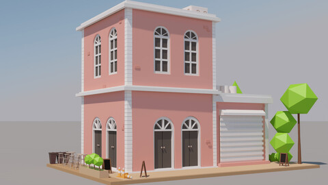 3D Cartoon Pink House with Cafeteria | 3D Building Architecture | Cartoon Environment House