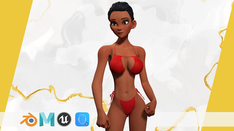 Stylized Cartoon Black Woman in Swimsuit Low-poly 3D model