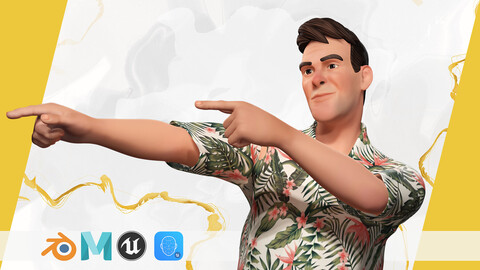 Stylized realism male celebration in Hawaiian shirt with energy Low-poly 3D model