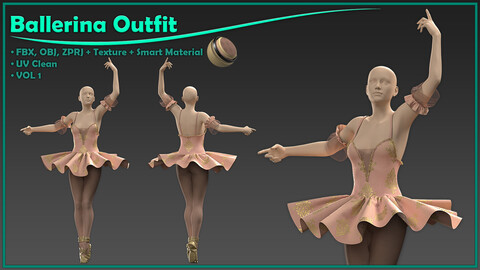 female ballerina outfit with texture and smart material/ zprj+obj+fbx+4K PBR+SPSM/ clo3d, marvelous designer/ vol1