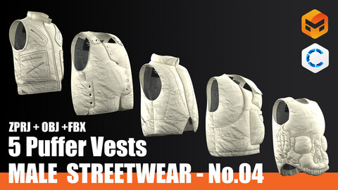 MALE STREETWEAR - No.04 - 5 Puffer Vests | CLO 3D / Marvelous Designer + OBJ + FBX