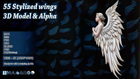 55 stylized wing 3d model and alpha