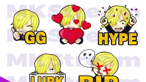 Twitch Emotes One Piece Sanji gg, love, hype, lurk & rip pack