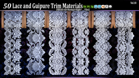 50 Lace and Guipure Trim Materials ( SBSAR + Textures ) .Vol19