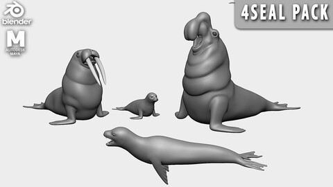 4 Seal Pack ( Walrus, Elephant Seal, Common Seal, Leopard Seal) - Topology + UV map