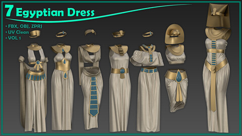 7 Egyptian female dress/ zprj+obj+fbx/ clo3d, marvelous designer/vol1