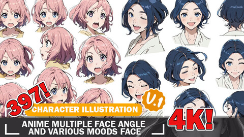 397 Anime Multiple Face Angle and Mood face Reference Art Character Design Art V1 4K