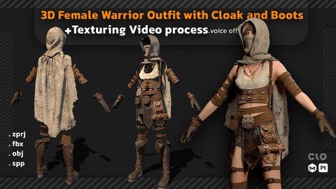 3D Female Warrior Outfit with Cape & Boots+ Tutorial of  Full Texturing Process+ FBX+ OBJ+ ZPRJ+ SPP