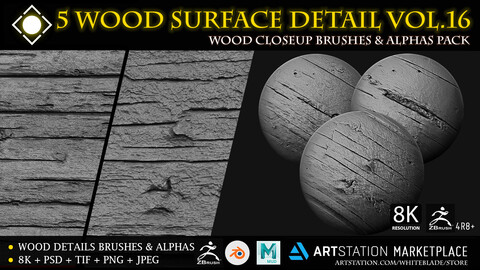 5 Wood Detail Digital Surface Brushes & Alphas Vol.16 - ZBrush 4R8+/Blender/Mudbox/3dcoat