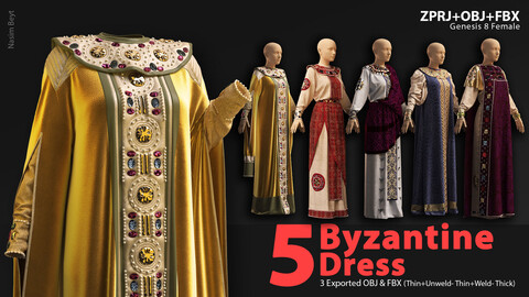 5 Byzantine women's clothes (VOL.01). Marvelous Designer/Clo3D project file+OBJ,FBX