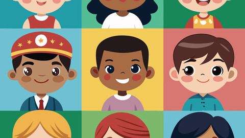 Character set of Avatars collection of children. Cute faces of different nationalities boys and girls. Vector illustration