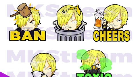 Twitch Emotes One Piece Sanji ban, trash, cheers, sip & toxic pack