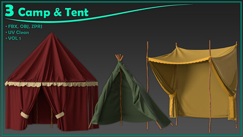 3 camp and tent/ zprj+obj+fbx/ clo3d, marvelous designer/circus, medieval, forest, Arabic/ vol1