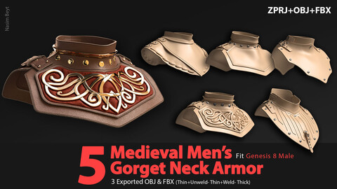 5 Medieval Men's Gorget Neck Armor (VOL.01). Marvelous Designer/Clo3D project file+OBJ,FBX