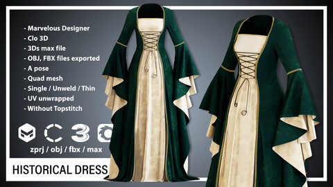 HISTORICAL DRESS(CLO3D, MD PROJECTS+OBJ+FBX)