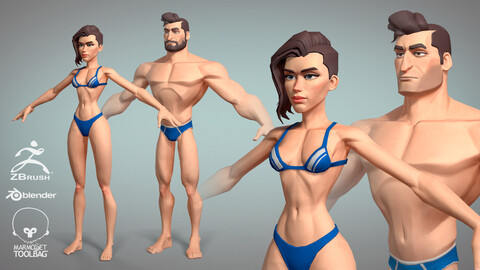 Cartoon male and female Character Hugh and Meg base mesh