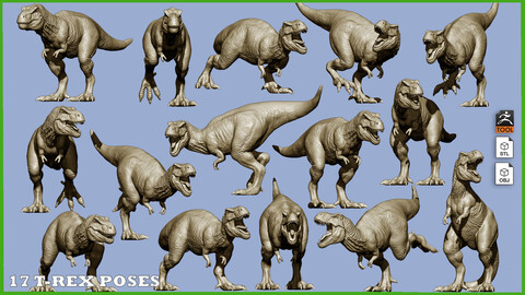 17 poses of a Tyrannosaurus rex (T-REX) ZTL+OBJ+STL