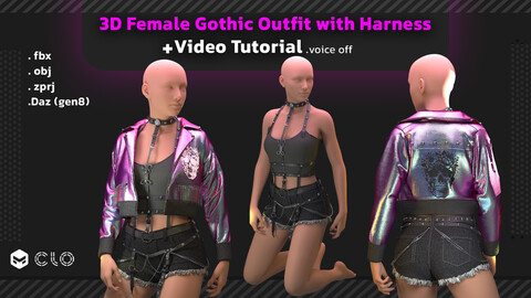 3D Female Gothic Outfit with Harness+ Tutorial+ OBJ+ FBX