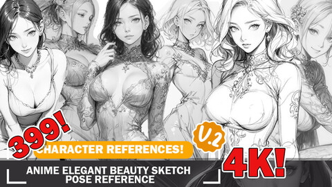 399 Various Anime Female Elegant Dress Beauty Sketch Pose Reference Image Pack V2 4K