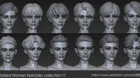 [Highpoly and Lowpoly] 12 Stylized Hair package 11 for male boy anime head man male blonde brunette beautiful wig character hairstyle haircut human real time ingame lowpoly