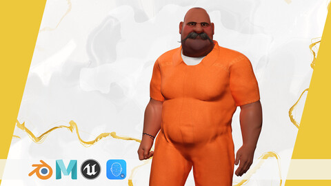 Cartoon man with mustache in prison jumpsuit