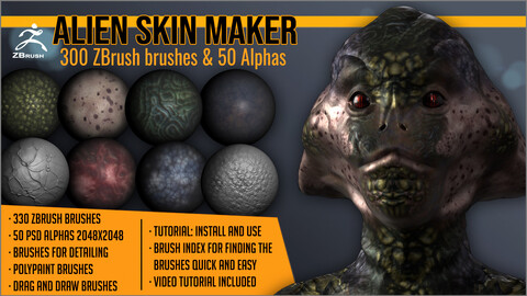 Alien Skin Maker 300 ZBrush brushes and 50 Alphas