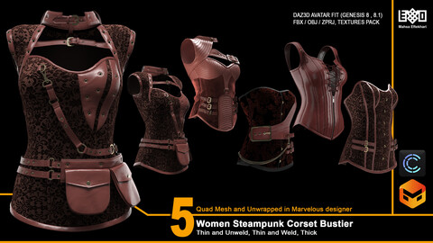 5 Women Steampunk Corset Bustier (ZPRJ+FBX+OBJ Files)