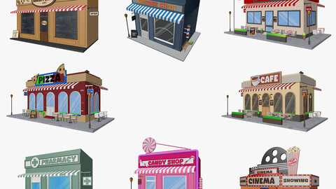 Cartoon City Buildings Shops Low-poly 3D model