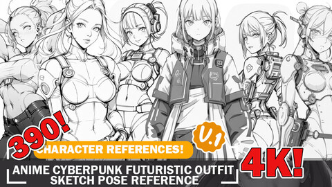 390 Anime Cyberpunk Futuristic Outfit Sketch Reference Sheet Pack V1 4K