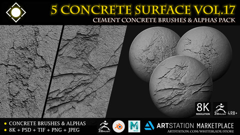 5 Cement Concrete Digital Surface Brushes & Alphas Vol.17 - ZBrush 4R8+/Blender/Mudbox/3dcoat