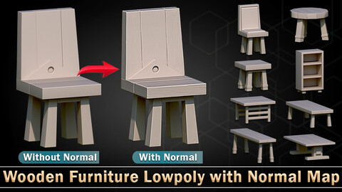 Wooden Furniture Lowpoly with Normal Map