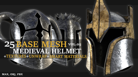 25 Medieval Helmet Base Mesh Collection + PBR TEXTURES + SMART MATERIALS - VOL 05