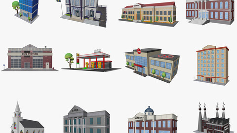 Cartoon City Buildings Pack Low-poly