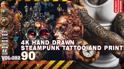 90 4K HAND DRAWN STEAMPUNK TATTOO AND PRINT - ARTISTIC ILLUSTRATION - ARTISTIC ILLUSTRATION - HIGH END QUALITY - (JPEG & TRANSPARENT PNG & ALPHA ) - VOL282