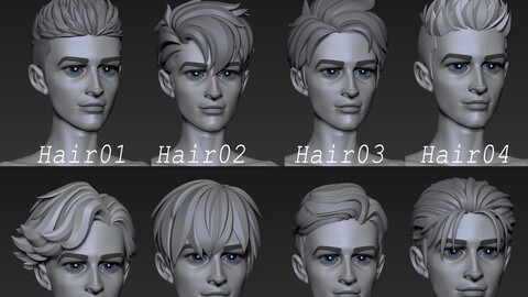 [Highpoly and Lowpoly] 8 Stylized Hair for male and boy anime head man male blonde brunette beautiful wig character hairstyle haircut human real time ingame unreal lowpoly