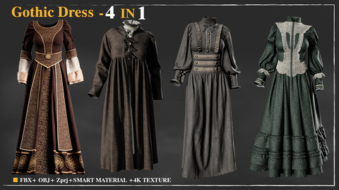 Gothic Dress - 4 in 1 / Marvelous Designer / 4k Textures/Smart material