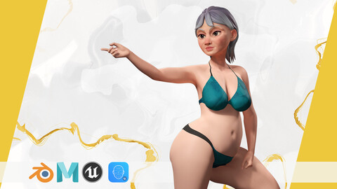 Curvy old lady character in swimsuit bikini