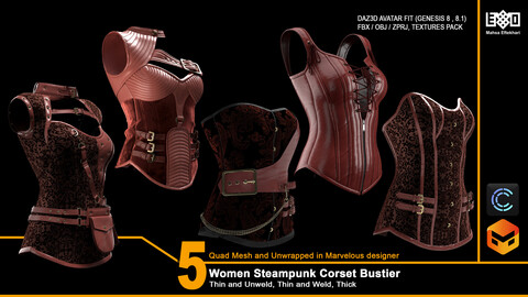 5 Women Steampunk Corset Bustier (ZPRJ+FBX+OBJ Files)