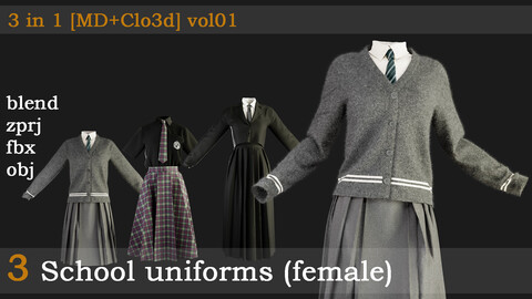 3 School uniforms (female) [blend+zprj+fbx+obj] vol01