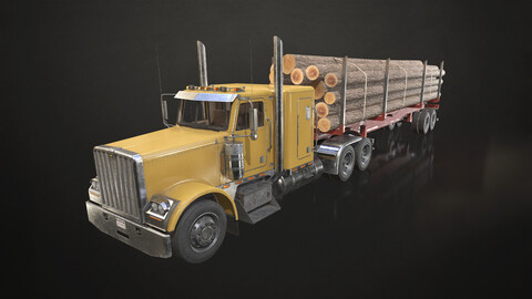 Flat Top Semi Truck Logging Trailer - Low Poly