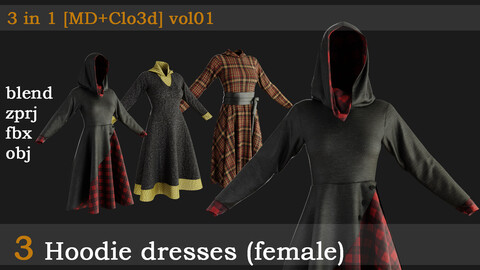 3 Hoodie dresses(female) [blend+fbx+obj+zprj] vol01