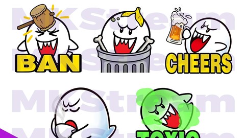 Twitch Emotes Cute Ghost Boo ban, trash, cheers, sip & toxic pack