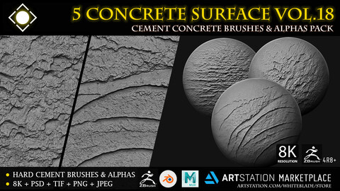 5 Hard Cement Concrete Digital Surface Brushes & Alphas Vol.18 - ZBrush 4R8+/Blender/Mudbox/3dcoat