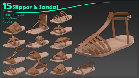 15 slippers and sandals/ zprj+obj+fbx/ clo3d, marvelous designer/ vol1