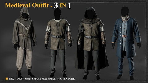 Medieval outfit 3 in 1 / Marvelous Designer / 4k Textures / Smart material / OBJ-FBX