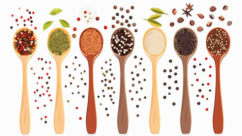 Spices in the spoons isolated on white photo-realistic vector illustration design element in culinary, cooking ingredient, package decoration