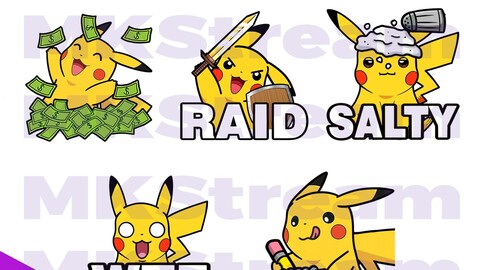 Emotes Pokemon Pikachu rich, raid, salty, wtf & note pack