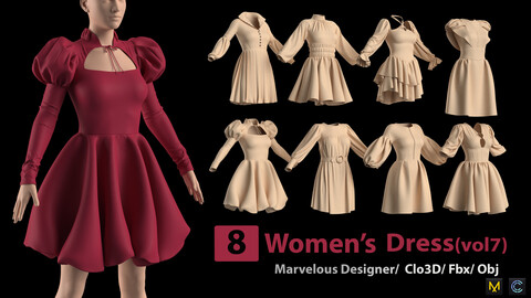 8 Women's Dress (vol7) + Zprj +Obj + Fbx